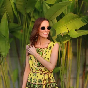 Women Lemon Yellow Printed Sleeveless 100% Linen Long Dress