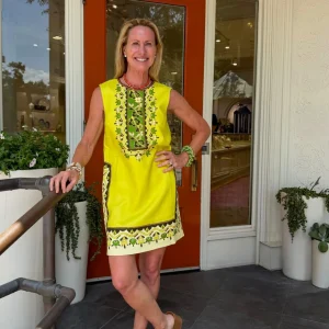 Women Round Neck Lemon Yellow Printed Sleeveless Linen Short Dress