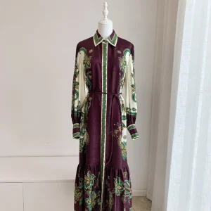 Women Turn-down Collar Jacquard Rose Silk And Rayon Shirt Long Dress