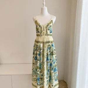 Women Blue Flower Printed Linen Strap Long Dress