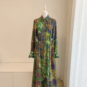Women Turn-down Collar Contrasting Long Sleeved Silk Cotton  Shirt Long Dress